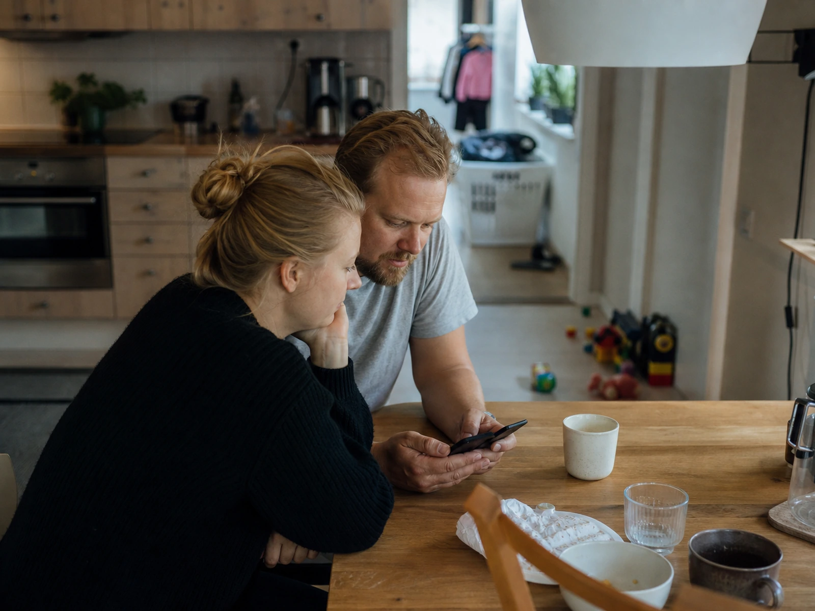 Två föräldrar tittar tillsammans på en telefon vid köksbordet.