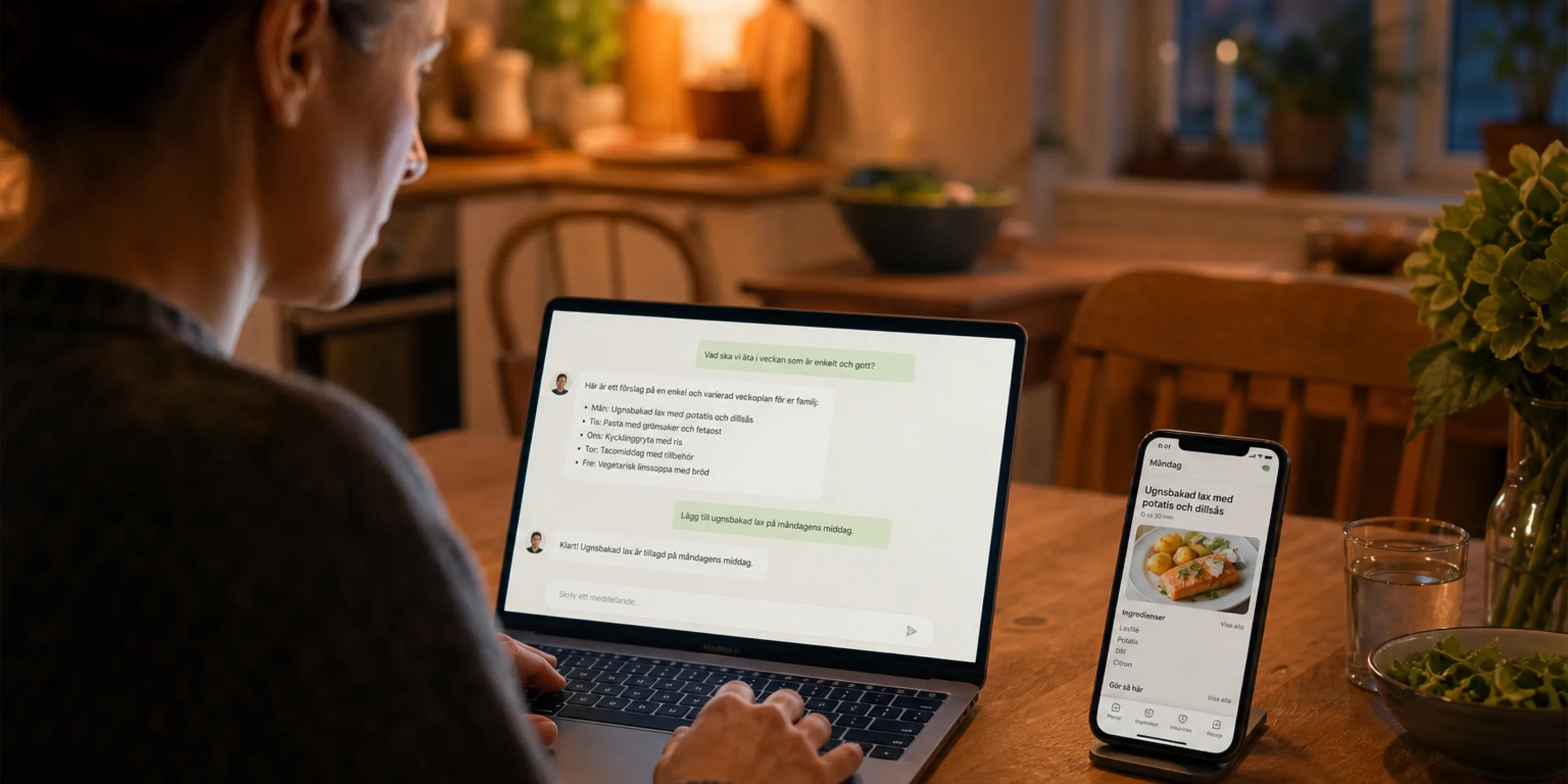 Förälder vid köksbordet med laptop och telefon där en AI hjälper till att lägga in ett recept i Middagsro.